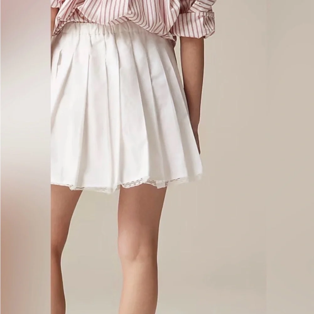 J.Crew Pleated Mini Skirt NWT White Cotton Pleated Elastic Waist Lace Trim L